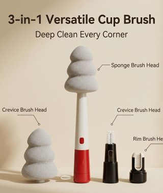3-in-1 Multifunctional Cup Brush, Soft Sponge & Crevice & Rim Brush Heads, Long Handle Bottle Cleaning Brush for Mugs, Tumblers, Water Bottles, Kitchen Cleaning Tool