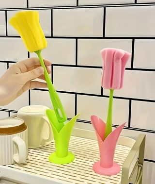 Reusable Tulip-Shaped Long-Handle Cup Brush | Sponge Brush for Easy Cleaning of Glasses, Tumblers, and Long-Handled Jars, Durable Plastic Multi-Purpose Cleaning Tool