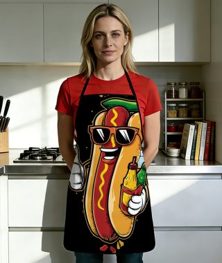 1pc 2D Flat 1406WQ Cool Hot Dog Selfie Pose Printed Pattern Apron, Durable and Easy to Clean, Adjustable Waistband, Two Sizes Available: 23.6inch*31.4inch or 20.4inch*28.3inch, Product Dimensions Only, Polyester Material, Unisex Cooking Apron